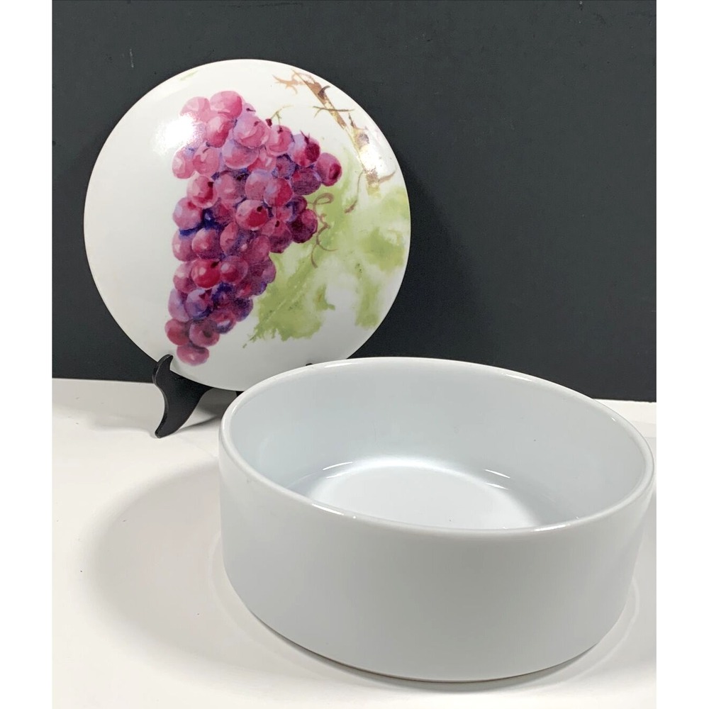 Gourmet du Village Ceramic Brie Baker Purple Grape Watercolor Lid Round White